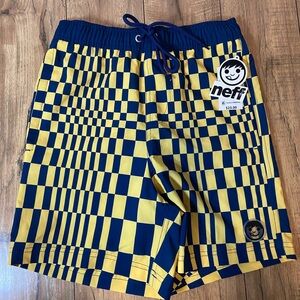 Neff Men's Checkered Swim Trunks in Blue and Yellow
